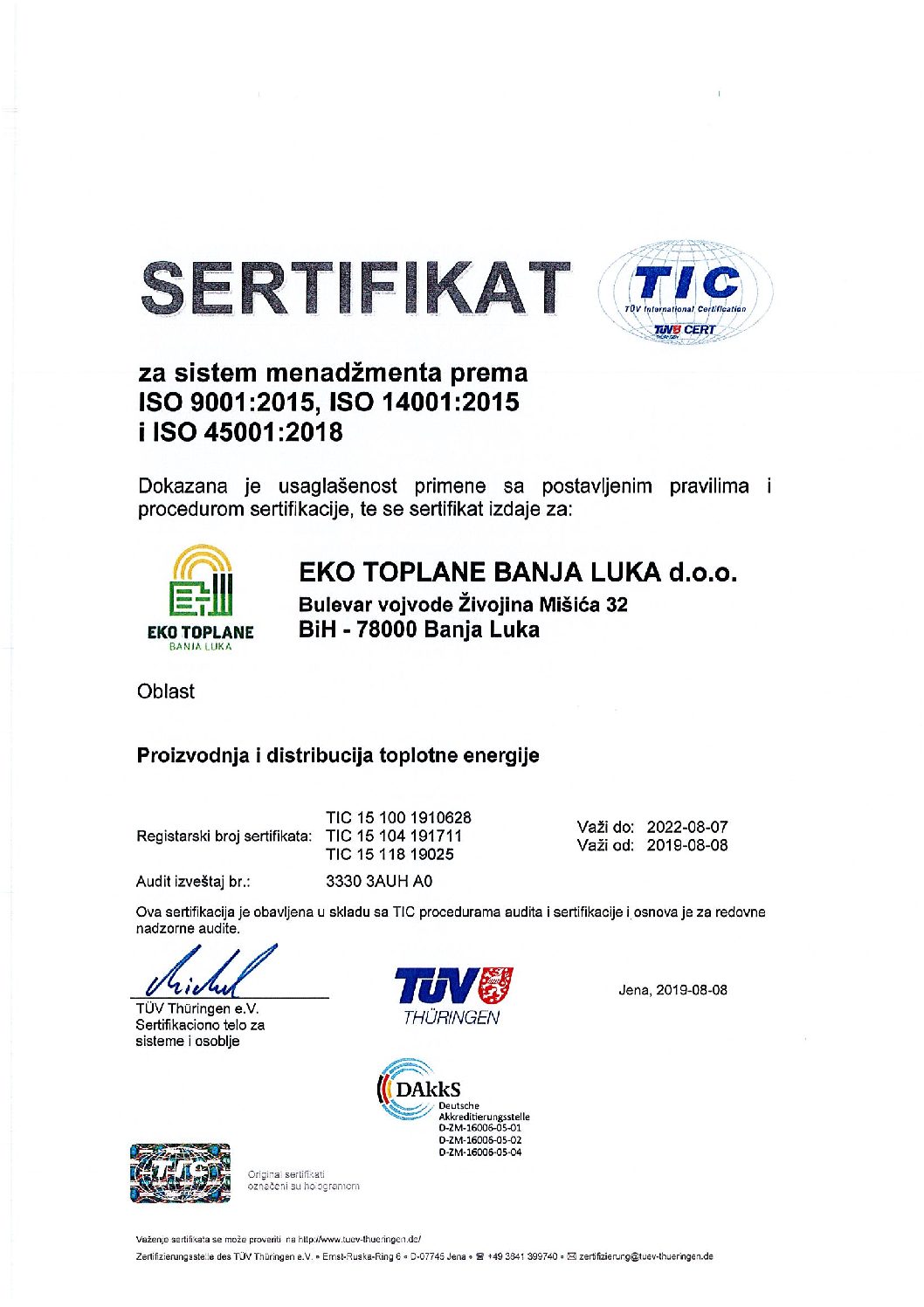 Eko toplane dobile sertifikate ISO 9001:2015, ISO 14001:2015 i ISO 45001:2018